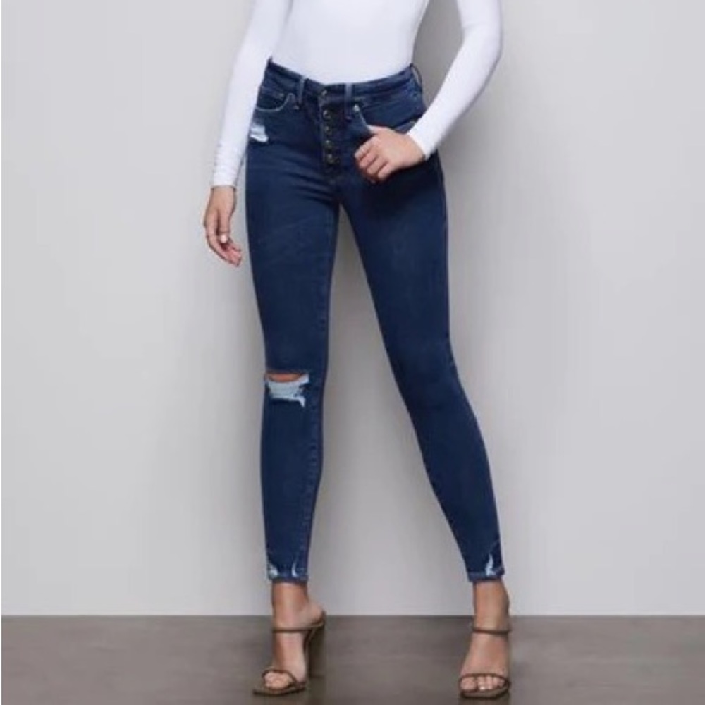 Good American Good Waist Exposed Button Blue Skinny Jeans Size 6/28